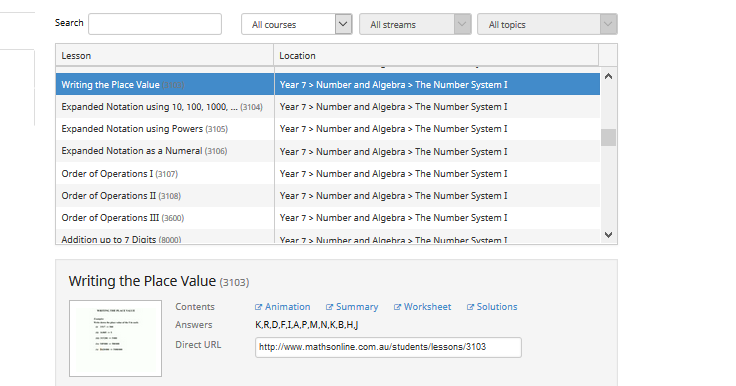 Search lessons pop-up